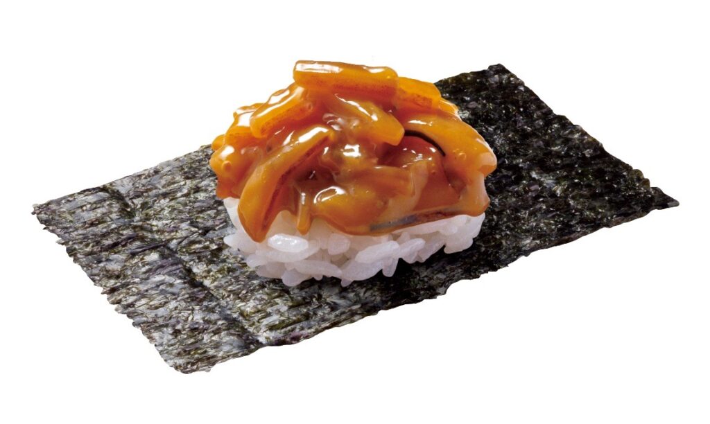 はま寿司の北海道産アカイカのうに和えつつみ。海苔の上にシャリとアカイカ×ウニを和えた贅沢な軍艦スタイル。