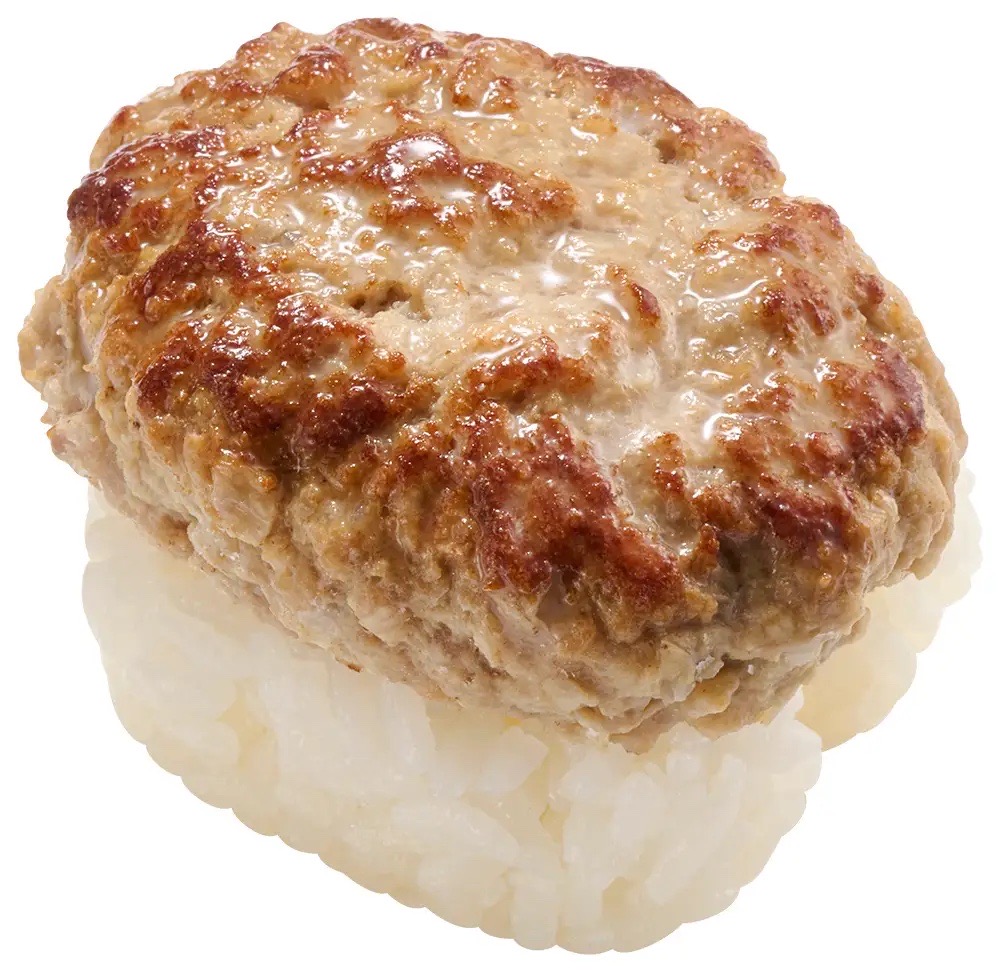 スシロー「まるごとハンバーグにぎり」。肉厚ジューシーなハンバーグを丸ごとのせた一貫。