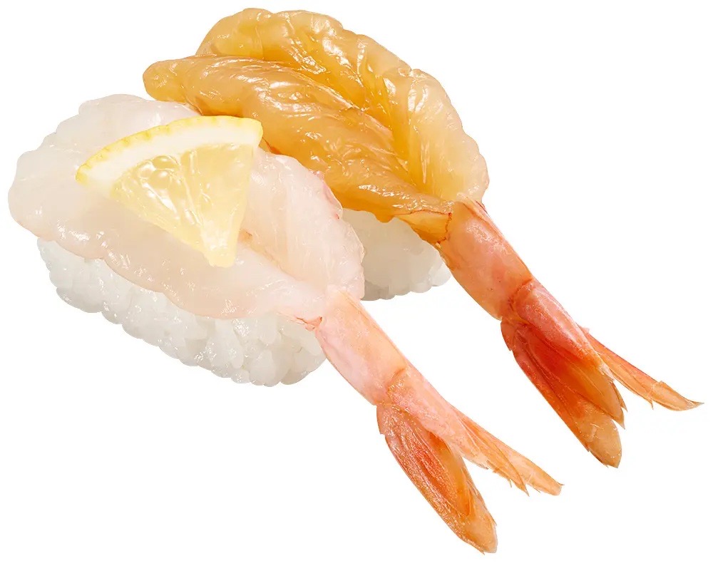 スシローの天然えび食べ比べ。漬け・生・レモンの3種盛り合わせ。