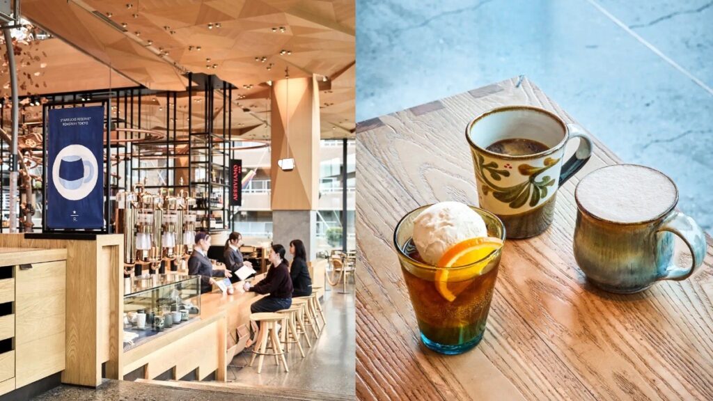 スターバックス リザーブ® ロースタリー 東京「UTSUWA BAR」のカウンターと、3種の限定ドリンクが並ぶテーブル風景。