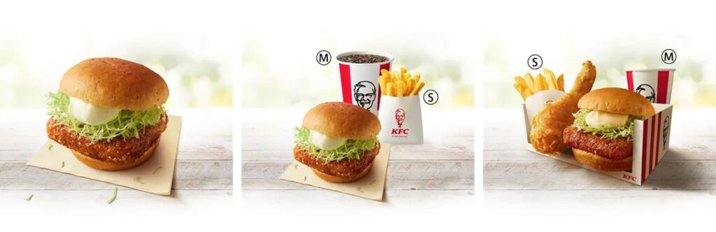 KFCの定番「和風チキンカツバーガー」シリーズの単品、セット、よくばりセットの商品画像。たっぷりの千切りキャベツとマヨソースを挟んだ和風バーガーを、ポテトやドリンクとともに紹介。