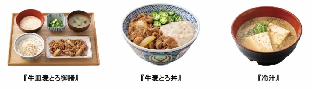 吉野家の2025年夏メニュー「牛皿麦とろ御膳」「牛麦とろ丼」「冷汁」の個別写真。とろろや麦飯が特徴のヘルシーな定食・丼・汁物の構成。