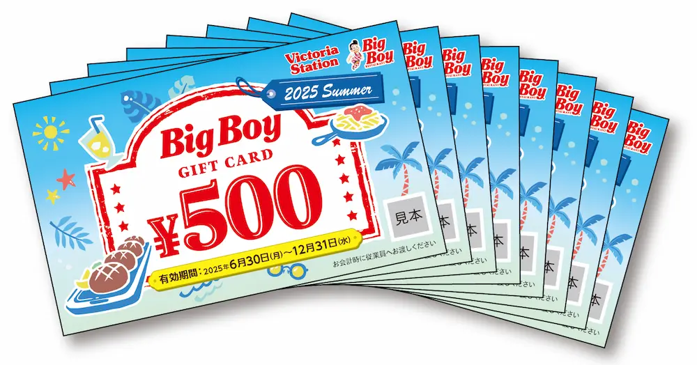 ビッグボーイとヴィクトリアステーションで使える500円分のお食事券8枚。2025年6月30日から12月31日まで有効。