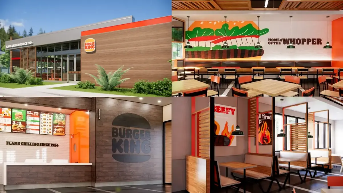 バーガーキングの新店舗外観（左）と、ワッパーのイラストが描かれた店内のイートインスペース（右）