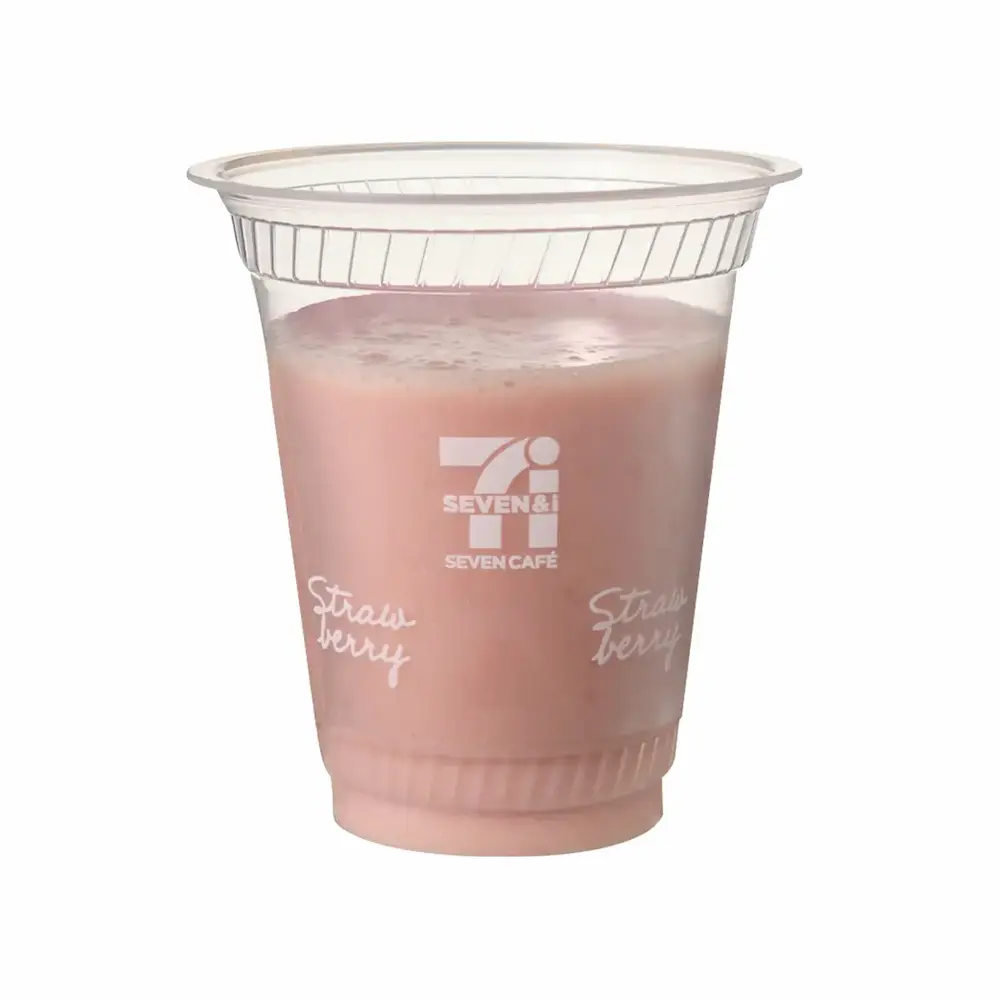 セブンカフェ いちごバナナソイスムージーの商品カップ。豆乳を使ったやさしい甘さのスムージー