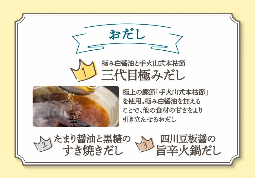  温野菜「おだし部門」ランキング。1位は極み白醤油と手火山式本枯節を使った三代目極みだし