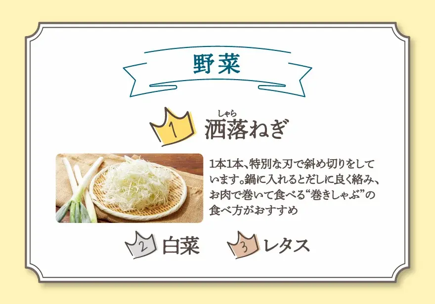 しゃぶしゃぶ温野菜の野菜部門ランキング。1位は細切りで巻きしゃぶに最適な洒落ねぎ