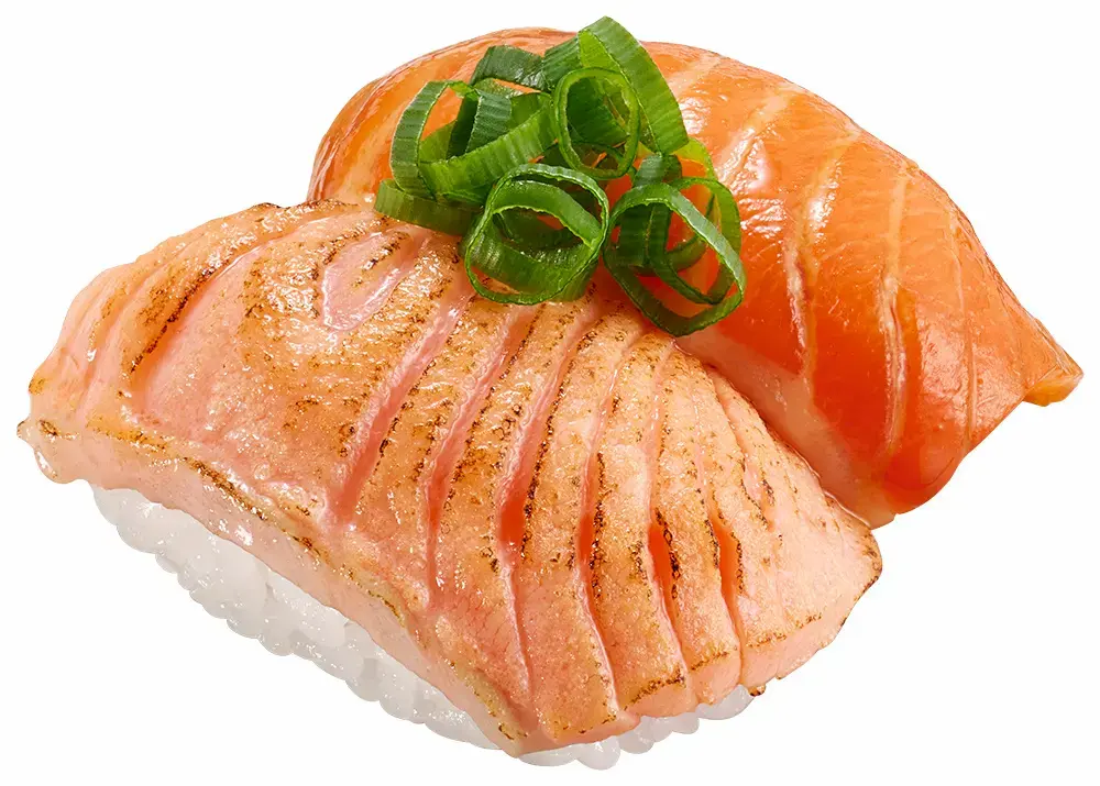 スシロー 青森産生サーモンの漬けと炙りの食べ比べ寿司