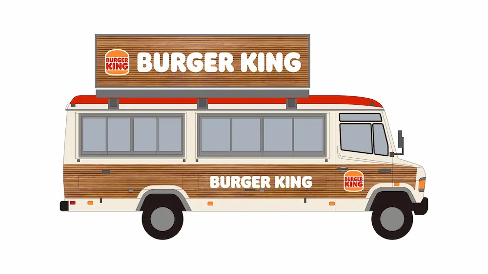 バーガーキングの移動販売用フードトラック。上部にBURGER KINGの大型看板が付いた実店舗型仕様。